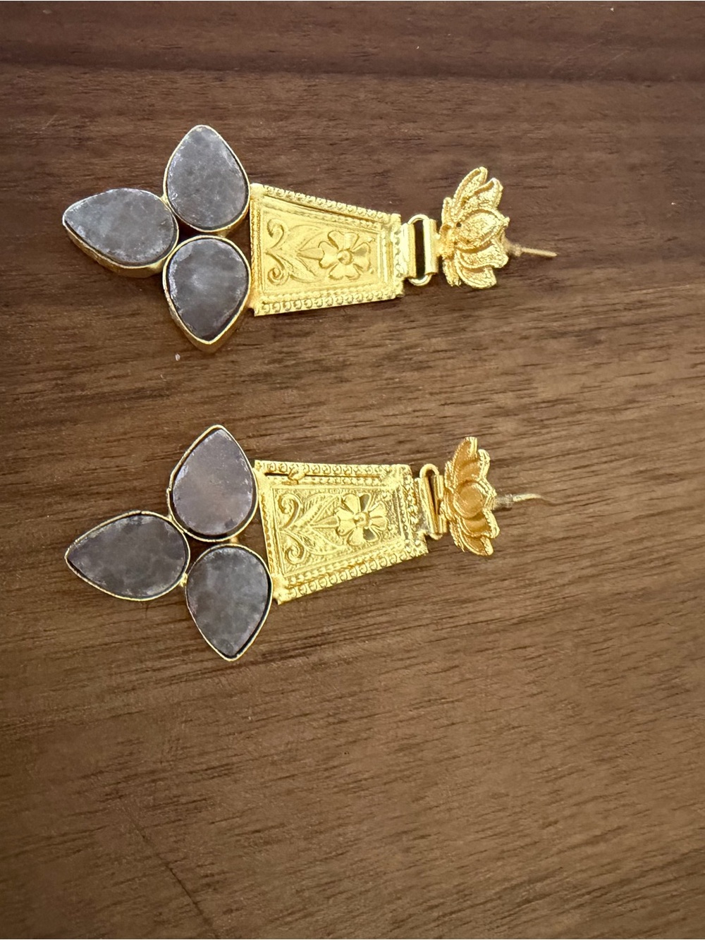 Gold-Tone Floral Drop Earrings with Gray Stones